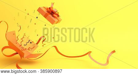Happy Halloween Or Autumn Decoration Background With Flying Opened Gift Box And Confetti On Orange B