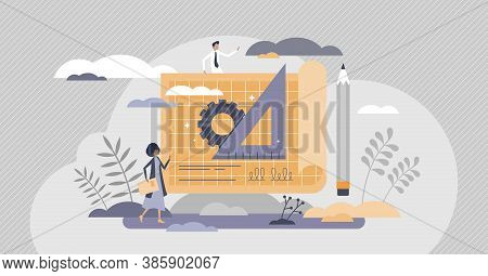 Engineering Work As Professional Technical Drawing Study Tiny Person Concept. Machinery Construction