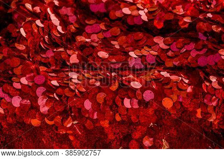 Red Sequins Pattern. Sparkling Sequins Background. Red Sequin Fabric For Background. Rectangular Red