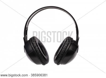 Black headphones with wire isolated on white background