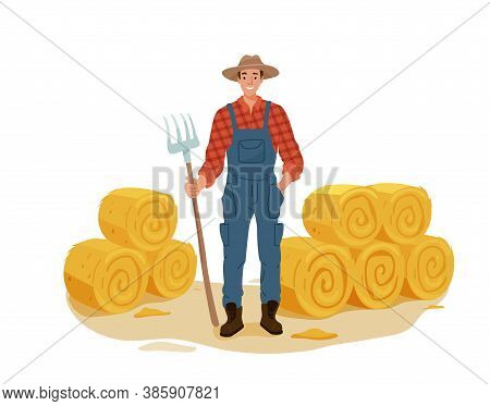 Farmer Man Character Work With Pitchfork And Hay. Haystack Rolls Vector Illustration Isolated On Whi