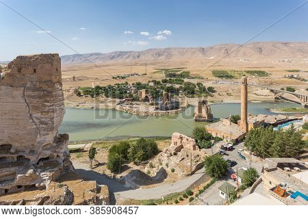 Panoramic View Of The Old Tigris Bridge, Castle And Minaret In The City Of Hasankeyf, Turkey, Batman