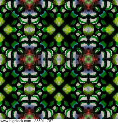 Aztec Rugs. Black, Green Seamless Texture. Abstract Kaleidoscope Motif. Repeat Tie Dye Illustration.