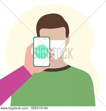 Vector Illustration Phone Placed On Forehead Of Person Remotely Measures Temperature. New Technology