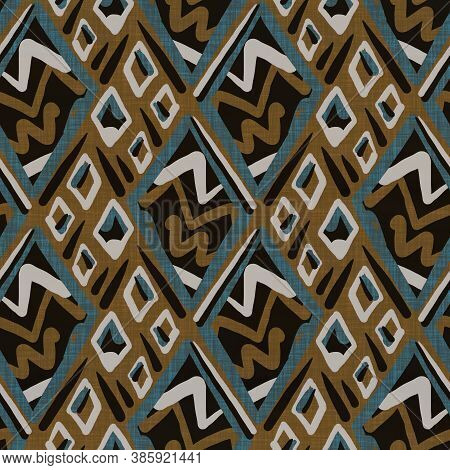Seamless Dark Blockprint Linen Background. Moody Watercolor Wash Texture. Mid Century 50s Soft Furni
