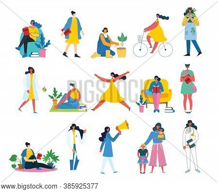 Vector Illustration Character Set Of Smart Business Woman In Various Activities, Action, Gesture, In