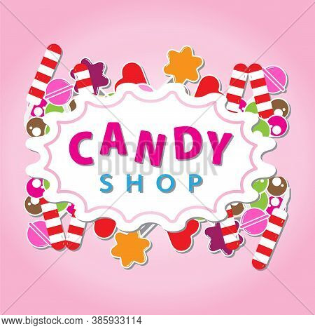 Candy Shop Banner With Sweets Round Label On Pink Color Background.  Suitable For Social Media Post 