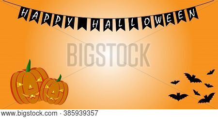 Halloween Banner With Pumpkin And Bat On Orange Background