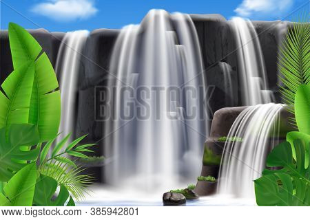 Realistic Tropical Waterfall Background Composition With Outdoor Landscape Exotic Leaves With Rocks 