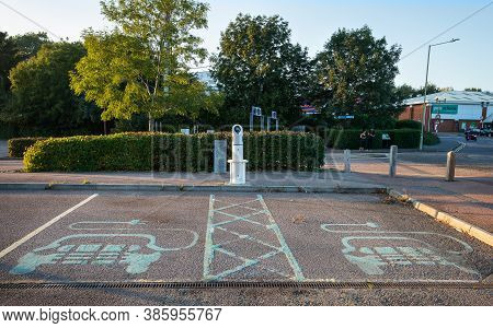 Canterbury, Kent, England - September 17 2020: Two Electric Car Charging Spaces At Wincheap Park And
