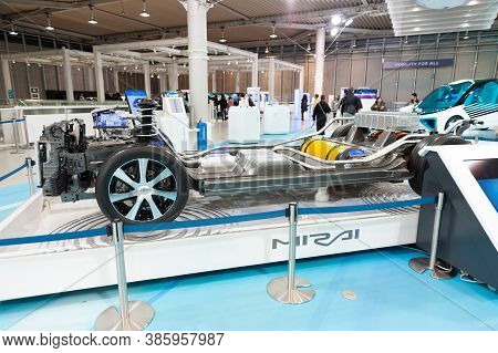 Odaiba, Tokyo, Japan - January 2, 2020: New Hydrogen Fuel Cell Toyota Mirai (green Car) Chassis And 