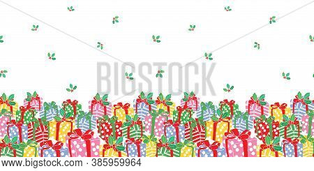 Seamless Christmas Horizontal Border Pattern With Gift Box, Mistletoe And Berries. Hand Drawn Winter