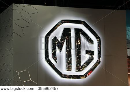 Bangkok, Thailand, April 05, 2018 : The Light Sign, Dicut Style Of  Mg Car's Logo In Octagon On The 