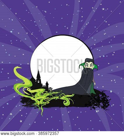 Vampire On Night Halloween Card , Vector Illustration