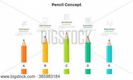 Bar Chart With 5 Colored Pencils Or Columns Placed In Horizontal Row. Concept Of Five Successive Ste