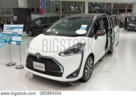 Odaiba, Tokyo, Japan - January 2, 2020: Toyota City Showcase Mega Web Palette Town - White Toyota Si