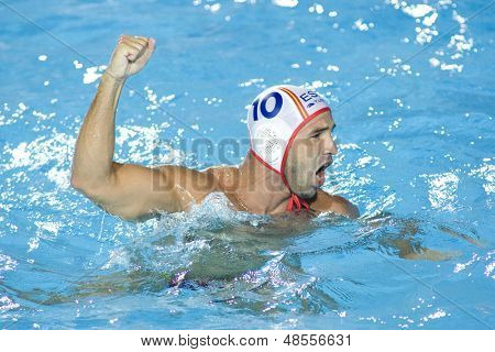 Jul 30 2009; Rome Italy; Spain team player Felipe Perrone celebrates winning the semi final match between USA and Spain at the 13th Fina World Aquatics Championships