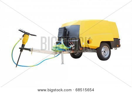 The image of a movable compressor  with a jackhammer  under the white background