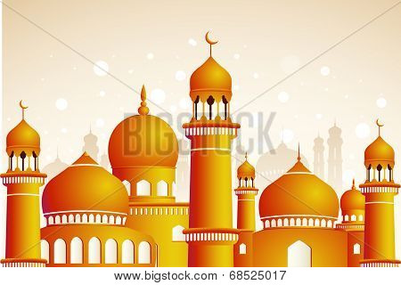 Arabic Mosque On Shiny Light Background. Ramadan Kareem