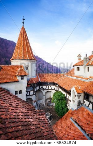 Roofs of Dracula Castle in inner yard, Romania