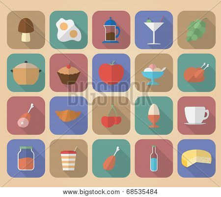 Set Of Food And Drinks Icons. Modern Flat Style With A Long Shadow.