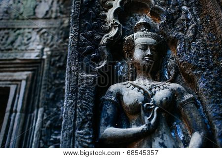 Face in ancient temple Ta Prohm, Siem Reap, Cambodia