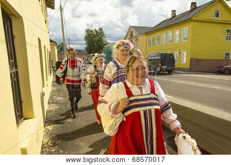 TIKHVIN, RUSSIA - JULY 5, 2014: Unidentified participants the celebration of the day of the city of Tikhvin - first mentioned 1383, town status since 1773 year (200 kilometers east of St. Petersburg)