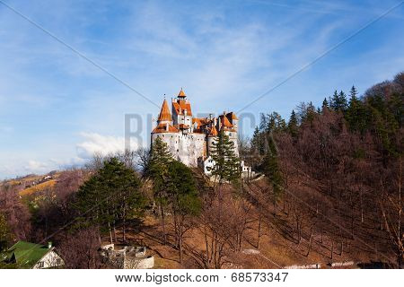 Bran Castle on hill  top view in Romania