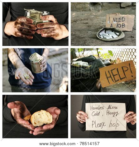 Poverty concept. Homeless men ask for help collage