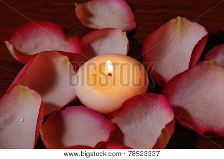 Candle And Rose Petals. Selective Focus On Candle