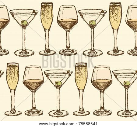 Sketch Martini, Champagne And Wine Glass In Vintage Style