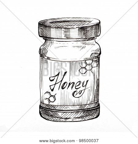 Hand drawn honey jar ink sketch
