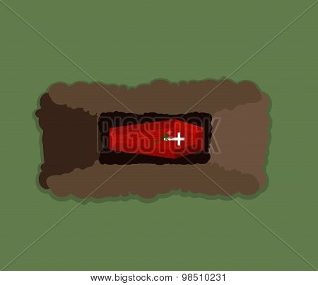 Open Grave. Coffin In Pit. Flowers Roses On Roof Of Tomb. Vector Illustration. Place At Cemetery