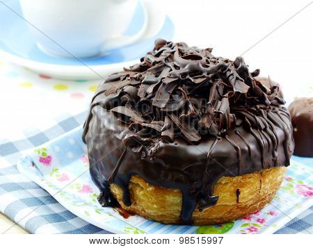 Donut-cronut With Chocolate Flavor Selective Focus Delicious Sweet Dessert