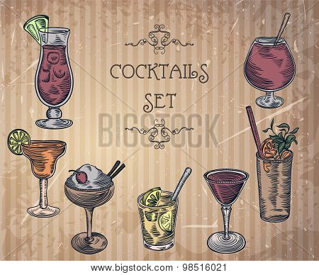 Collection of vintage cocktails. Retro hand drawn vector illustrations on grunge background