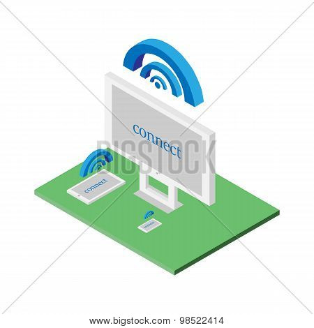 Flat 3D Isometric Computerized Technology Designer Workspace Infographic Concept Vector. Tablet, Lap