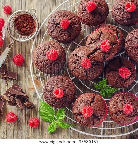 Brown Muffins With Raspberries And Chocolate Fresh Baked Square