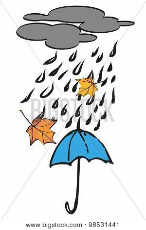 Blue umbrella under autumn rain. Vector illustration.