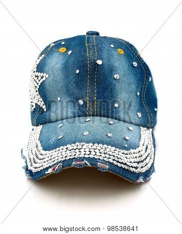 Blue Jeans Cap On White Background.