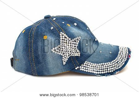 Blue Jeans Cap On White Background.