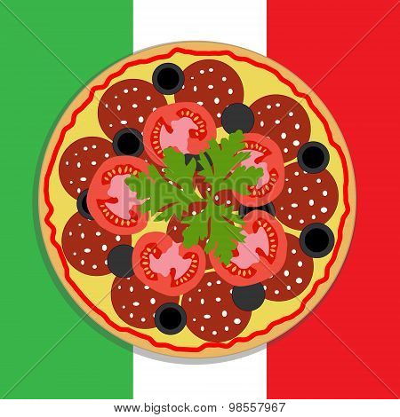 the image of pizza on background of the flag italy