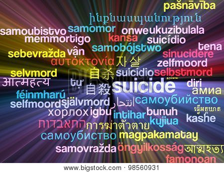Background concept wordcloud multilanguage international many language illustration of sucide glowing light