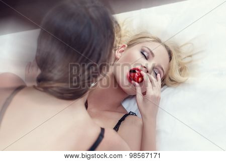 Sexy Lesbian Lovers Foreplay With Strawberry