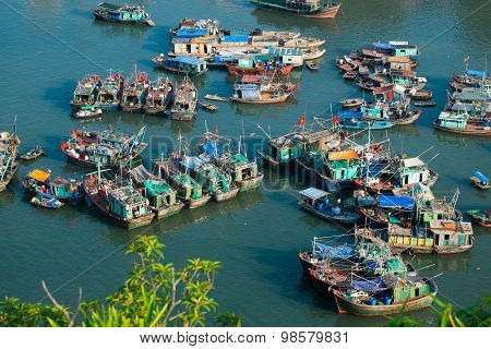 Boats on the sea from high view in Halong bay, Vietnam.
