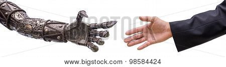 Man Hand  Handshake With Cy-ber Robot Isolated On White Background