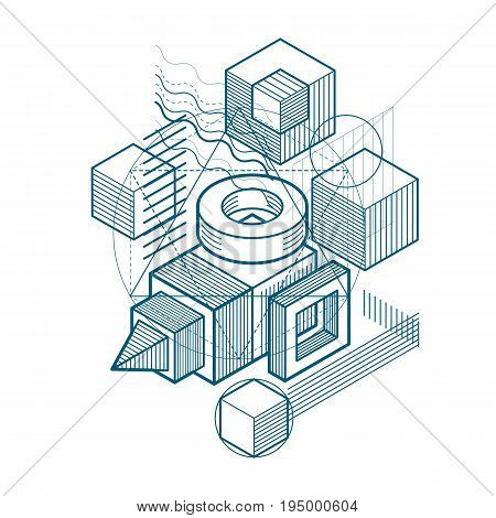 Abstract isometrics background 3d vector layout. Composition of cubes hexagons squares rectangles and different abstract elements.