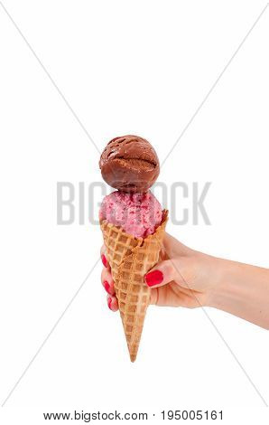 Chocolate And Strawberry Ice Cream Cone On White Background.