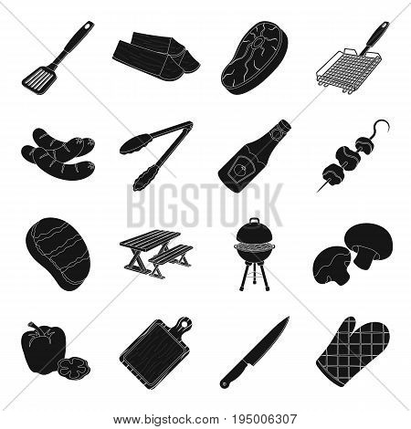 Meat, steak, firewood, grill, table and other accessories for barbecue.BBQ set collection icons in black style vector symbol stock illustration .