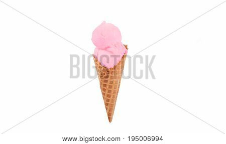 Strawberry Ice Cream Cone On White Background.