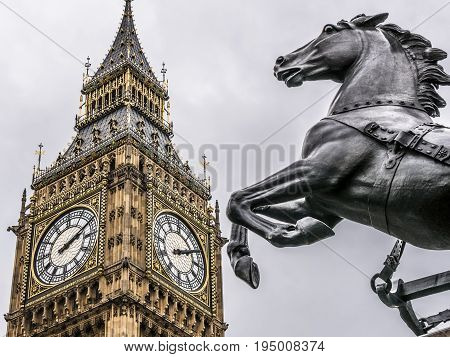 Foreground of the horse from the statue of Boudicca, at Westminster, Big Ben. London, UK